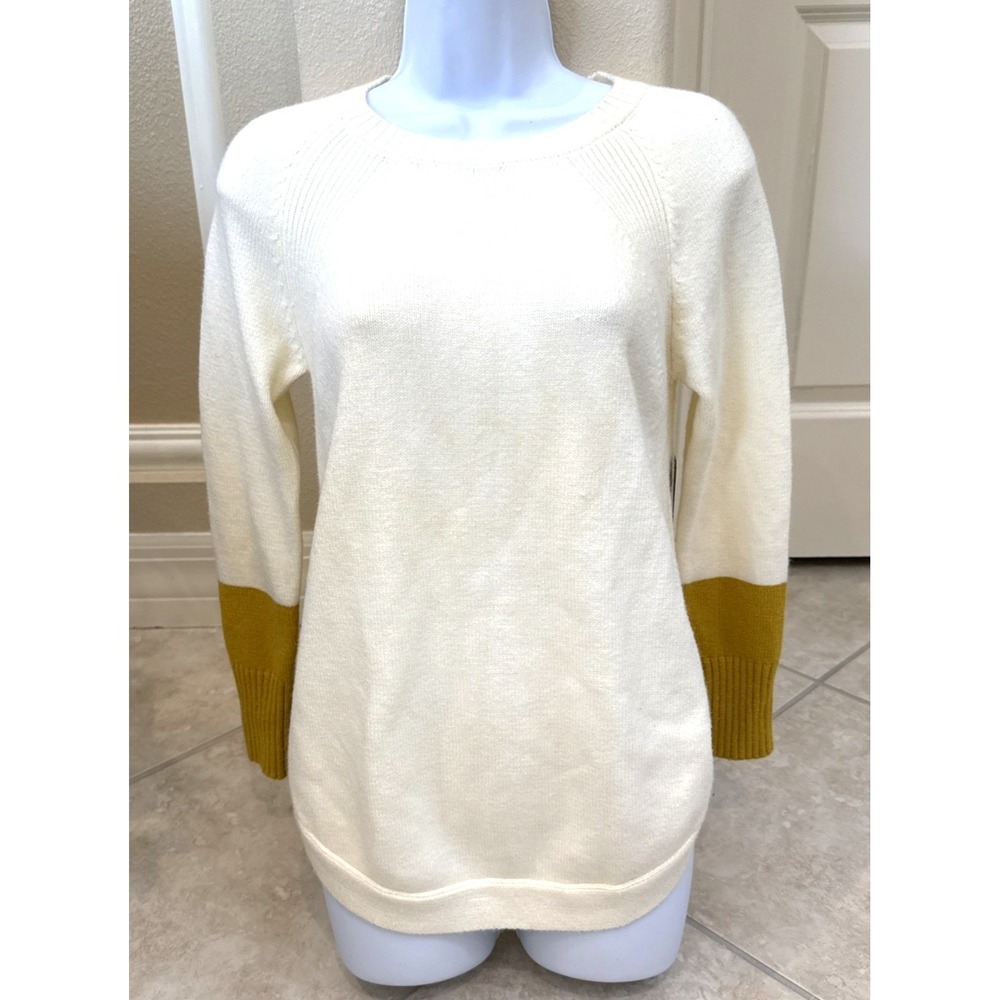 Anthropologie A+ Colorblock Sweater Ivory Mustard Yellow Petite XSP Crew Neck